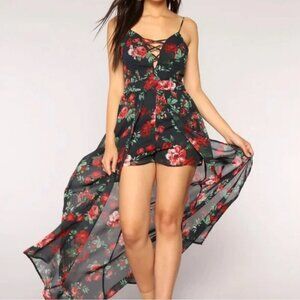Ambiance Black Floral Maxi Short Romper - Size small